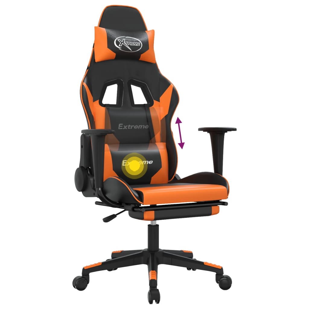 vidaXL masāžas datorkrēsls ar kāju balstu, melna, oranža mākslīgā āda