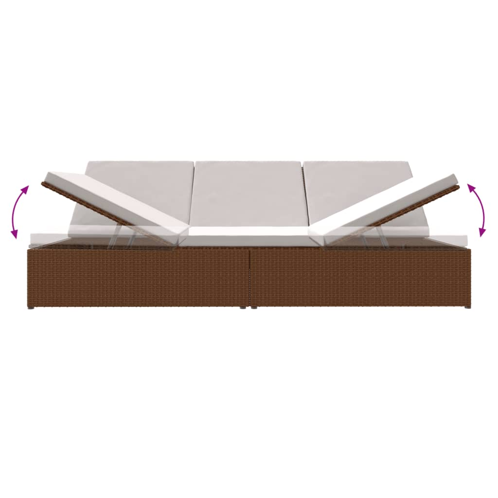 vidaXL nolaižama sauļošanās gulta ar matračiem, brūna PE rotangpalma