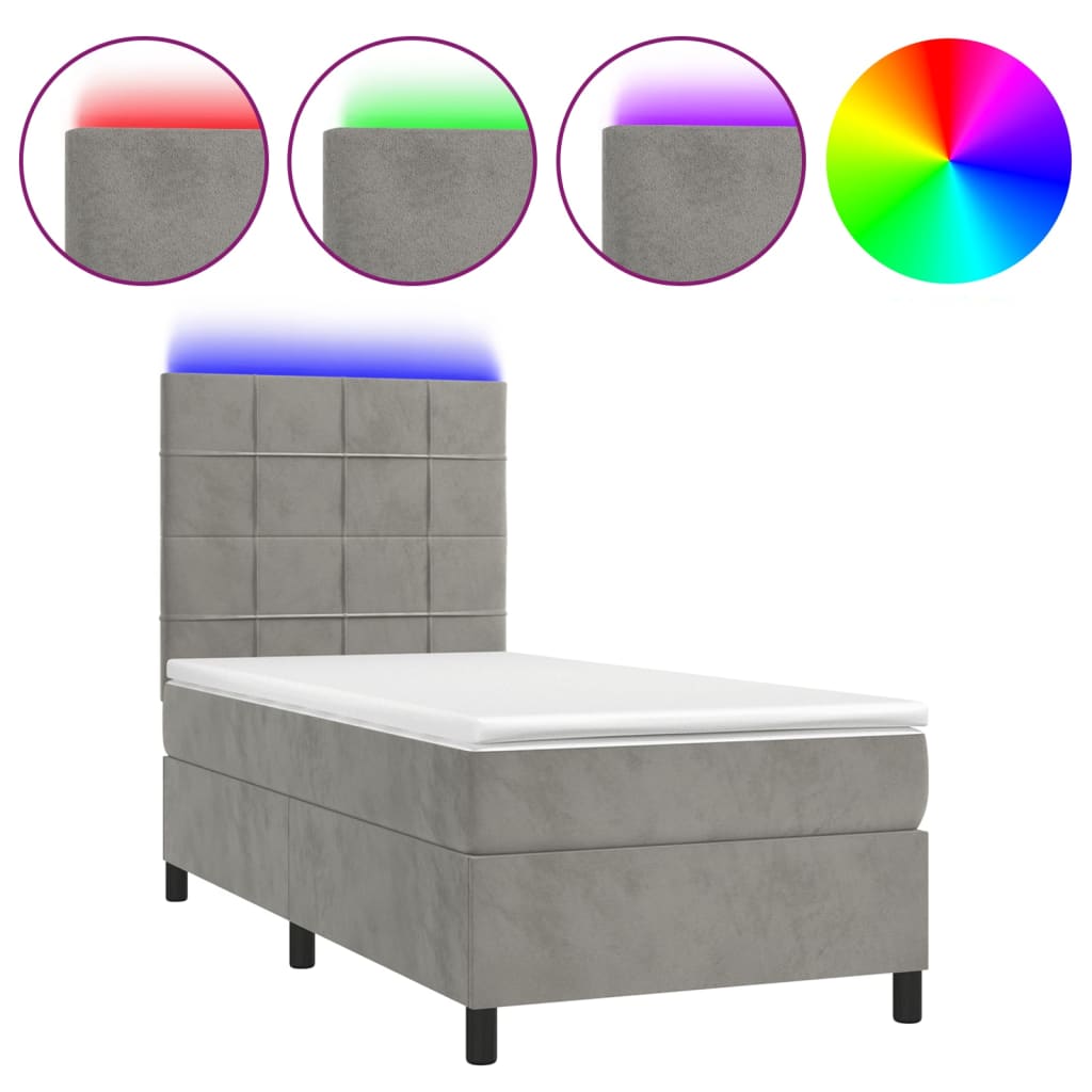 vidaXL atsperu gulta ar matraci, LED, gaiši pelēks samts, 80x200 cm