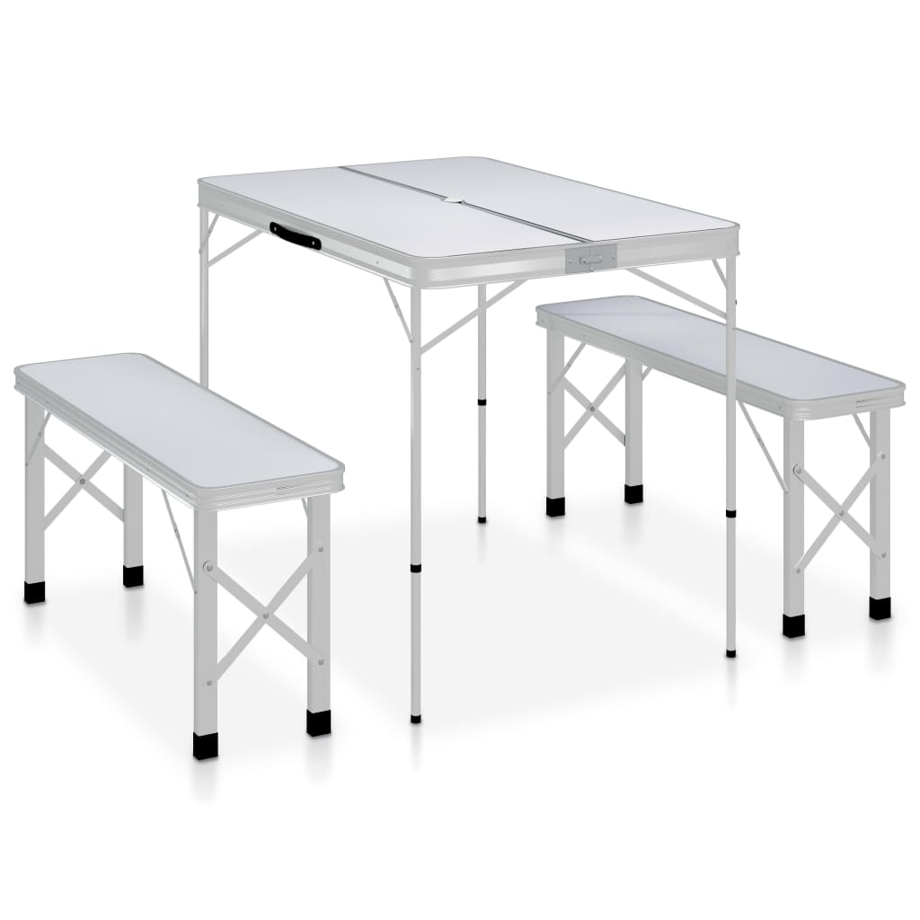 vidaXL saliekams kempinga galds ar 2 soliem, alumīnijs, balts