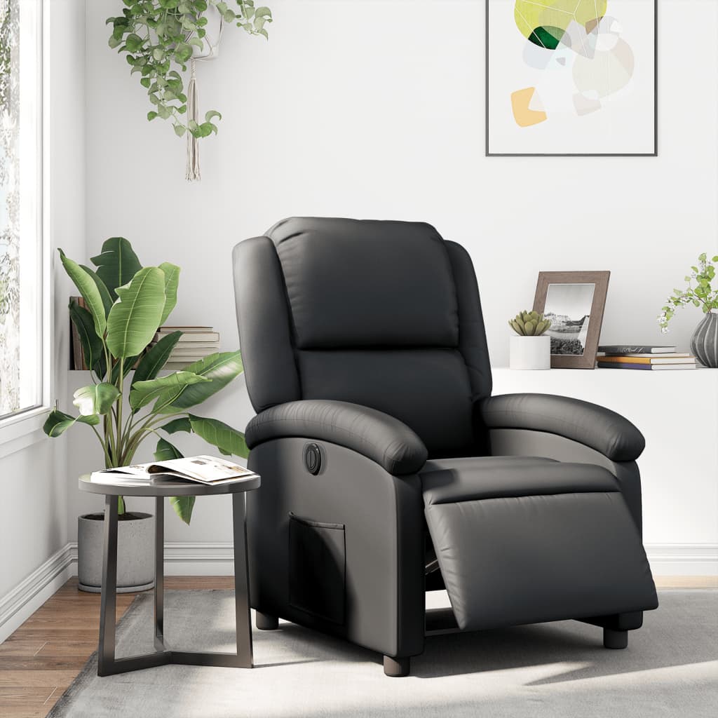 vidaXL elektrisks atpūtas krēsls, atgāžams, melna dabīgā āda