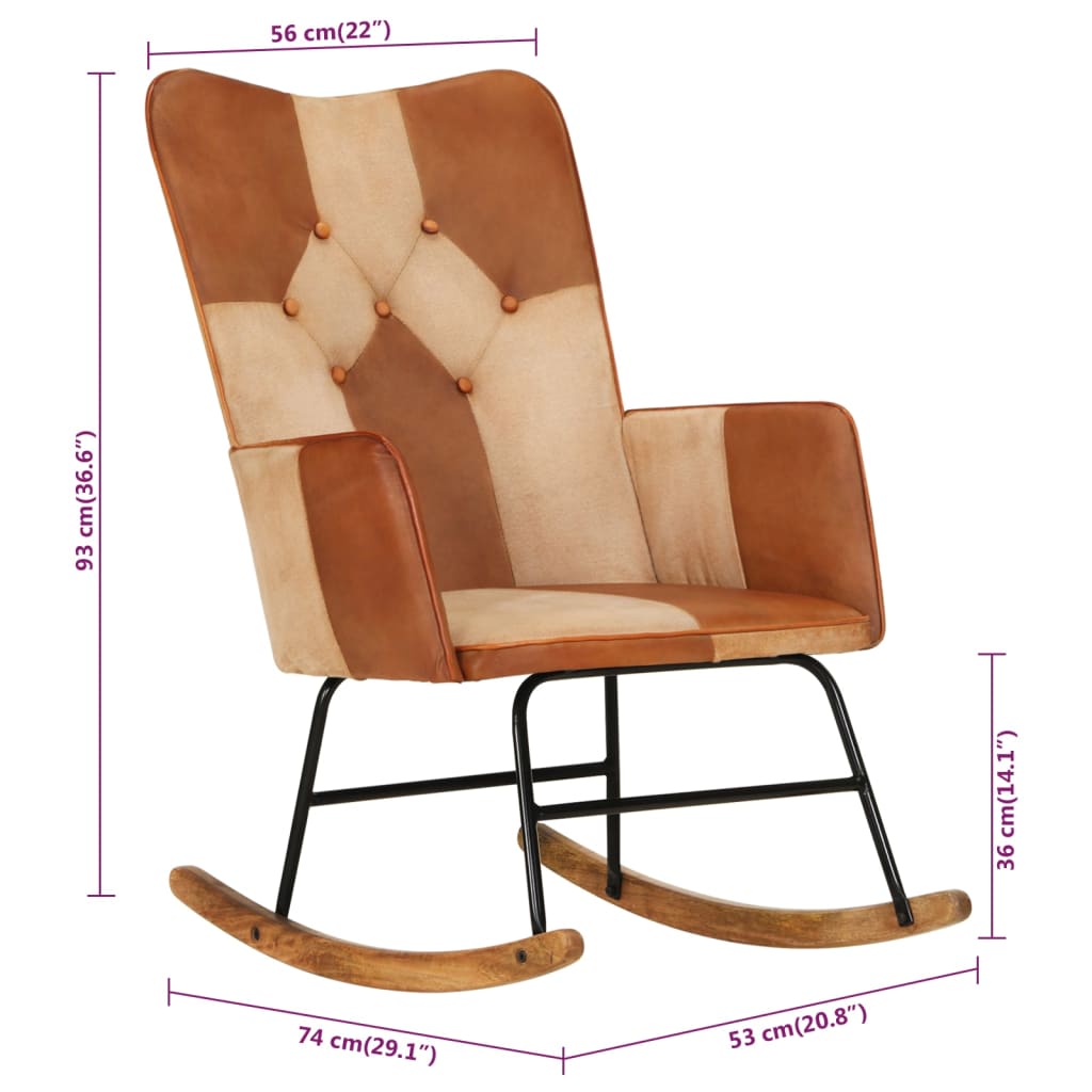 vidaXL šūpuļkrēsls, brūna dabīgā āda un audums