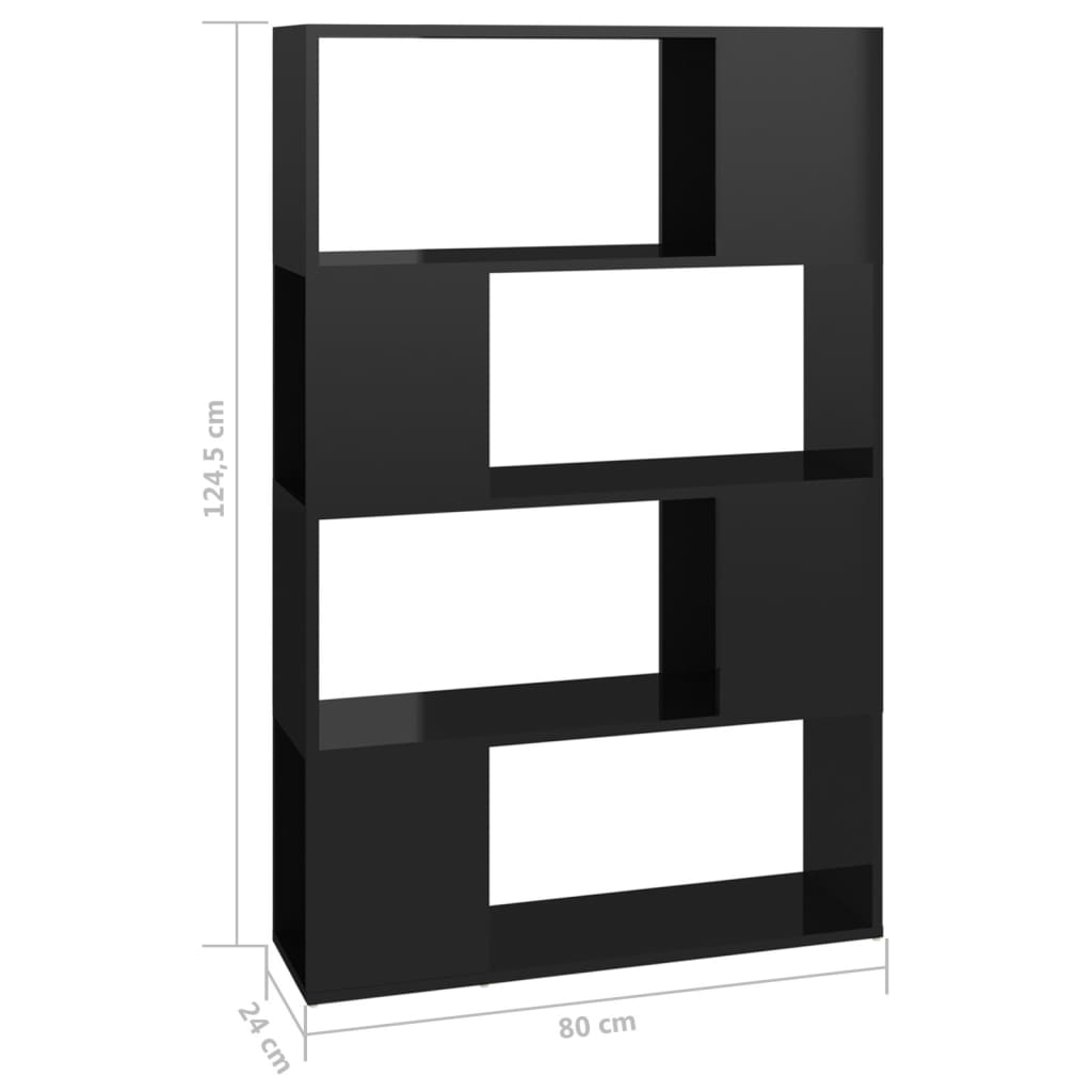 vidaXL grāmatu plaukts, spīdīgi melns, 80x24x124,5 cm