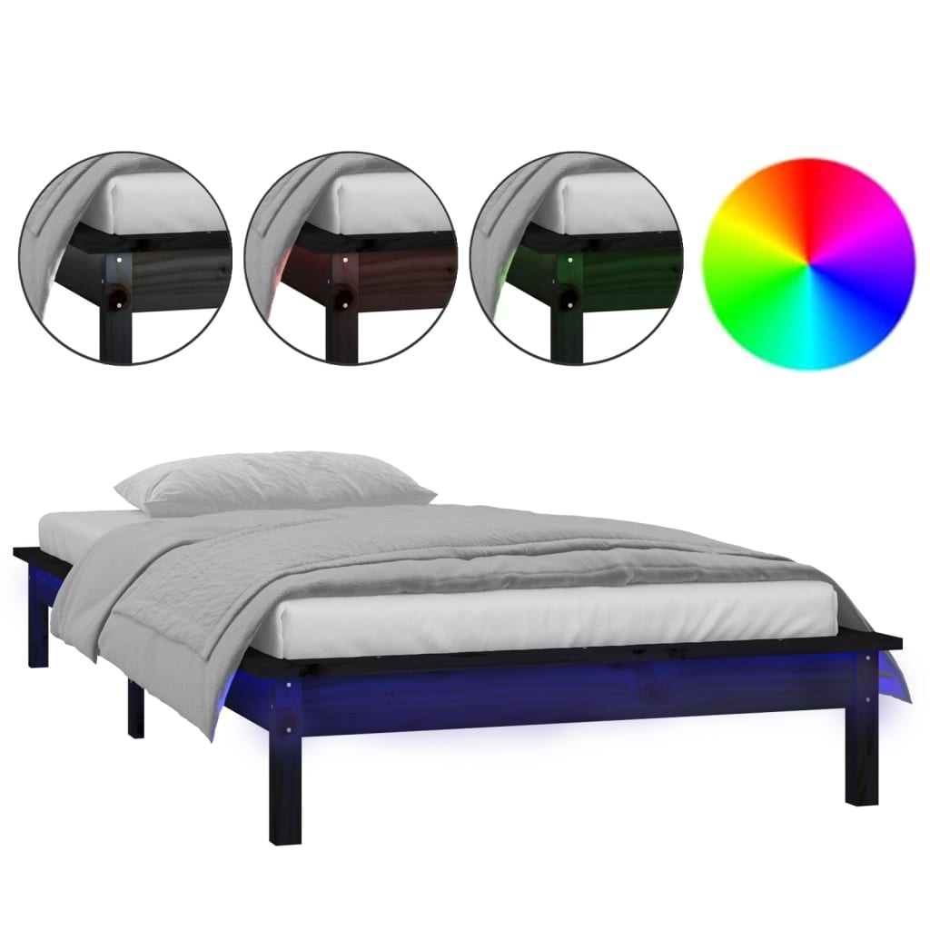 vidaXL gultas rāmis, LED, melns, 100x200 cm, masīvkoks