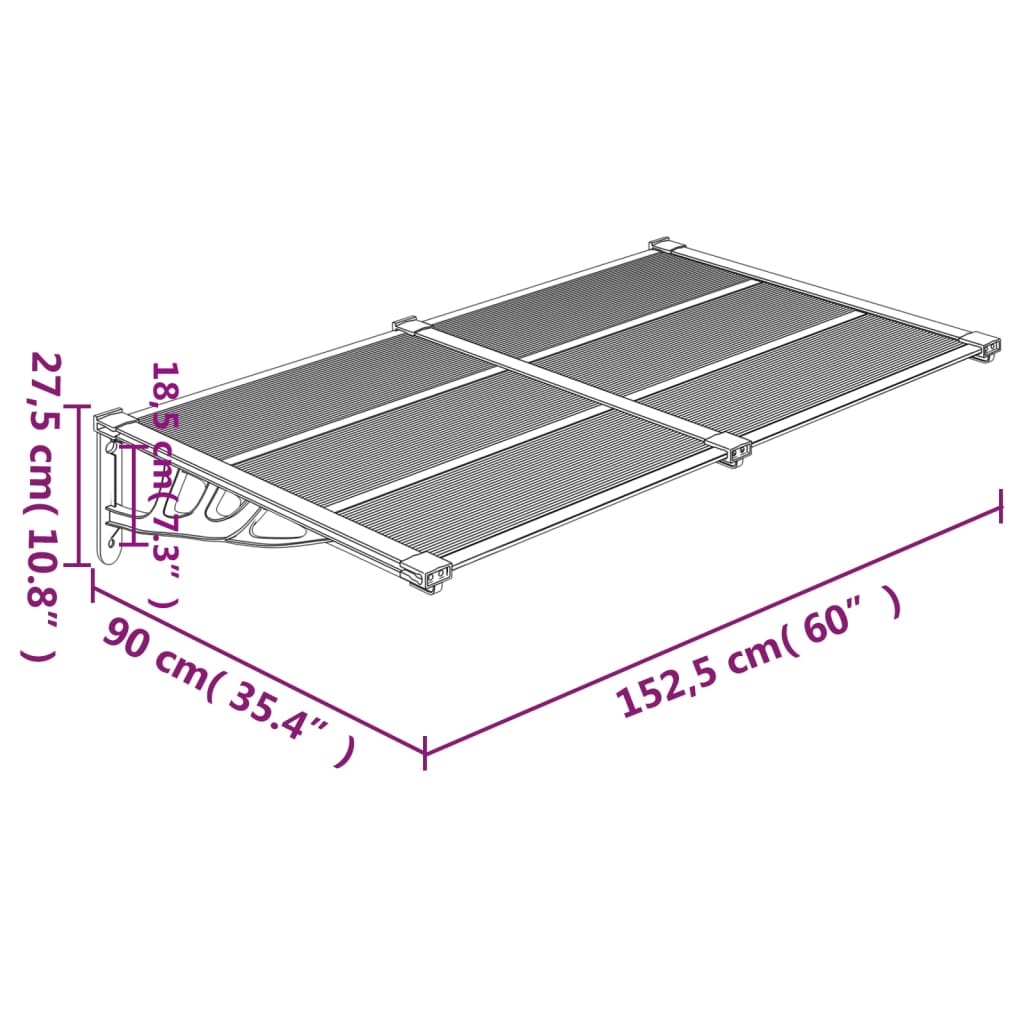 vidaXL durvju jumtiņš, melns, caurspīdīgs, 152,5x90 cm, polikarbonāts