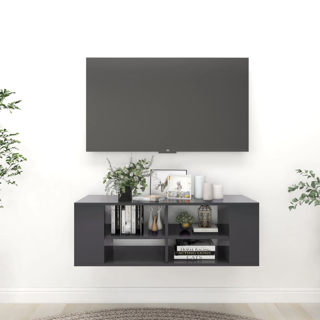 vidaXL sienas TV plaukts, pelēks, 102x35x35 cm, skaidu plāksne