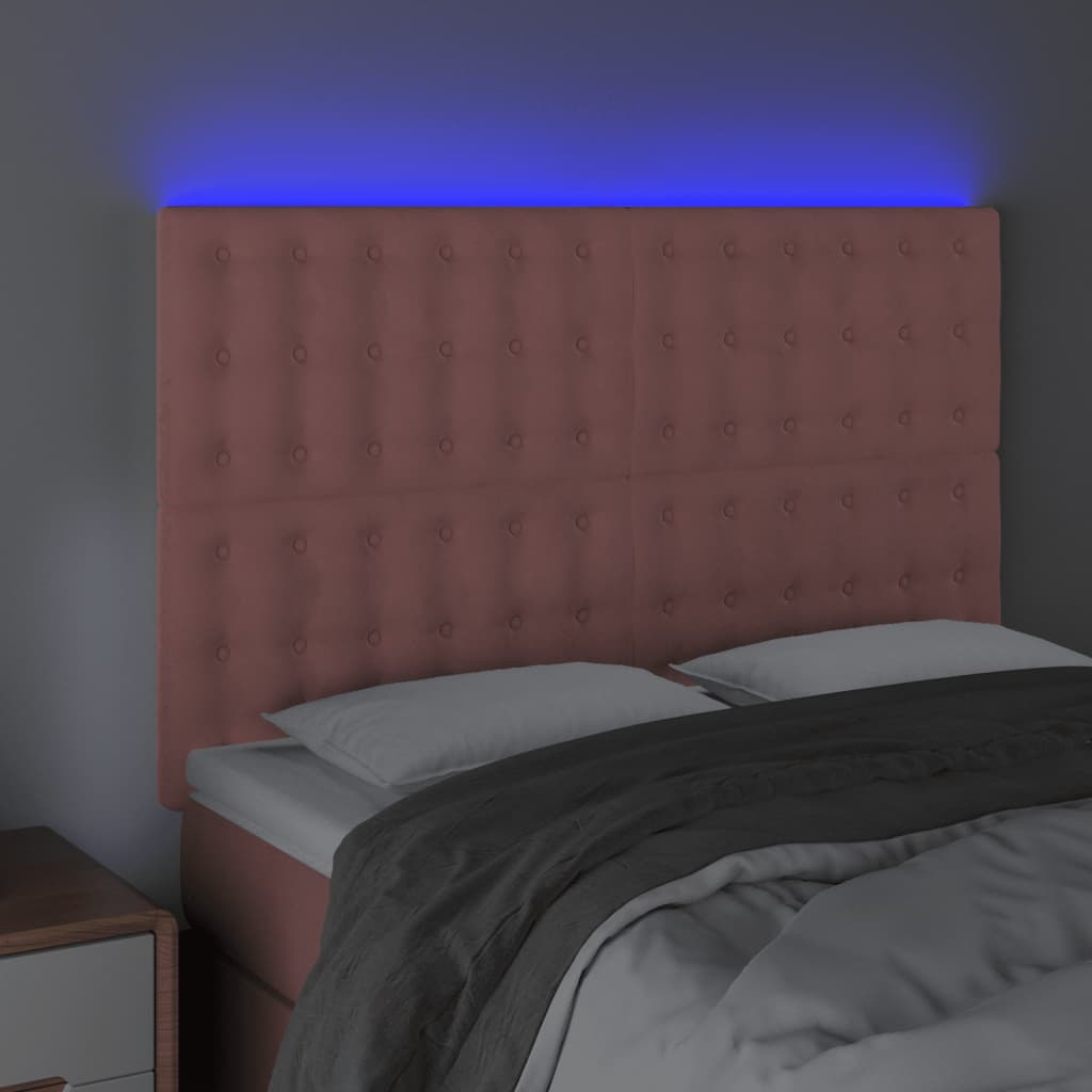 vidaXL gultas galvgalis ar LED, 144x5x118/128 cm, rozā samts