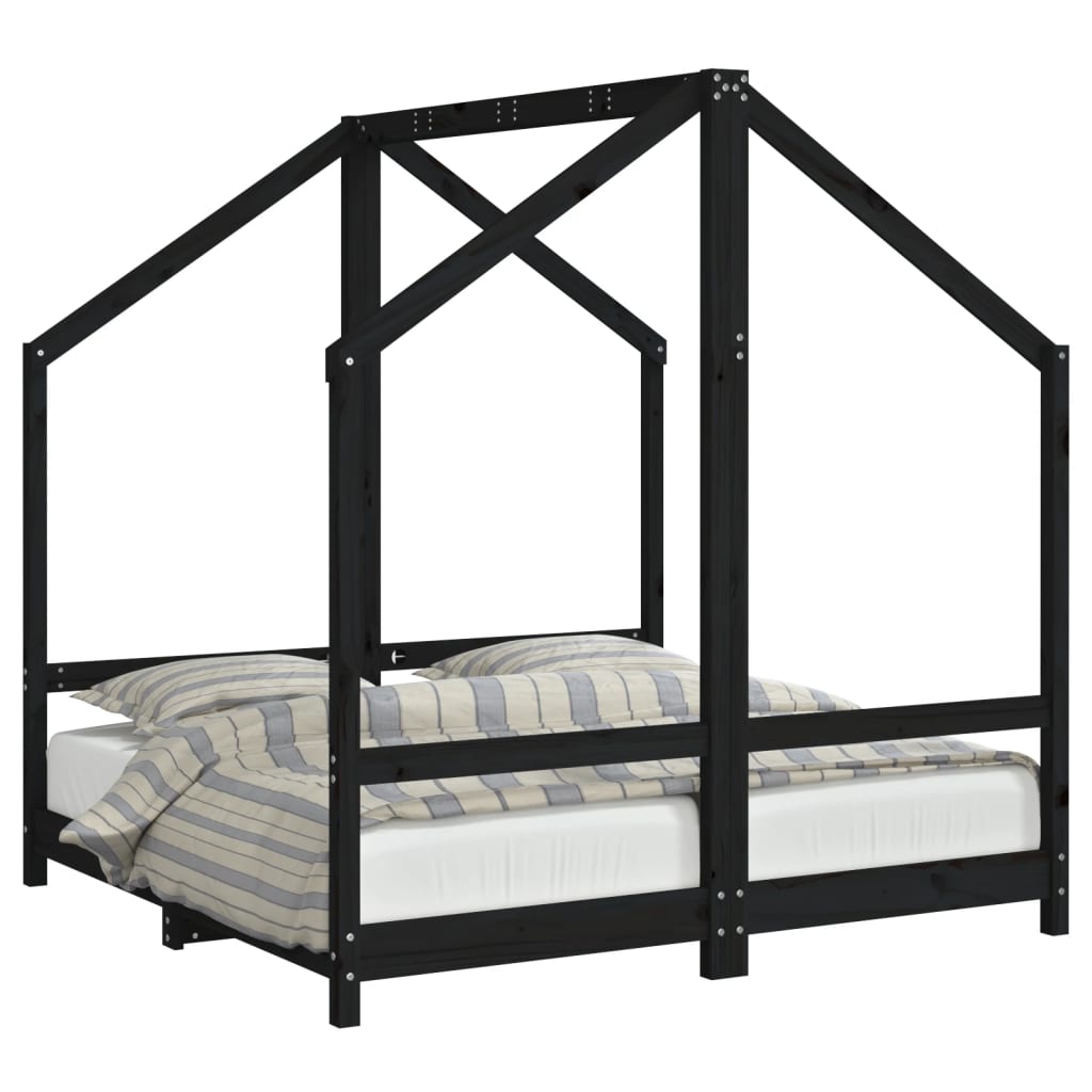 vidaXL bērnu gultas rāmis, melns, 2x(70x140) cm, priedes masīvkoks