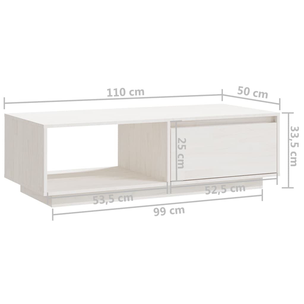 vidaXL kafijas galdiņš, balts, 110x50x33,5 cm, priedes masīvkoks