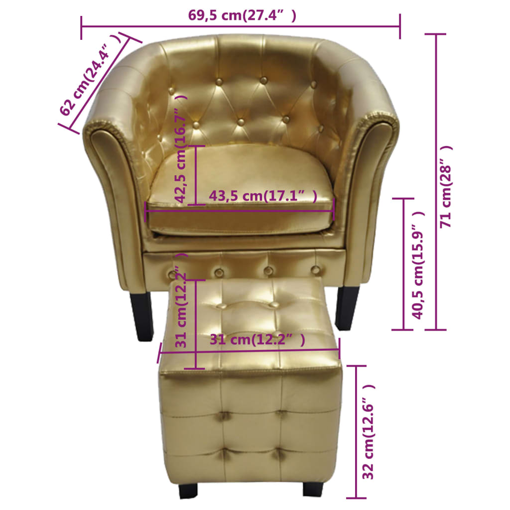 vidaXL klubkrēsls ar kāju soliņu, zelta krāsas mākslīgā āda