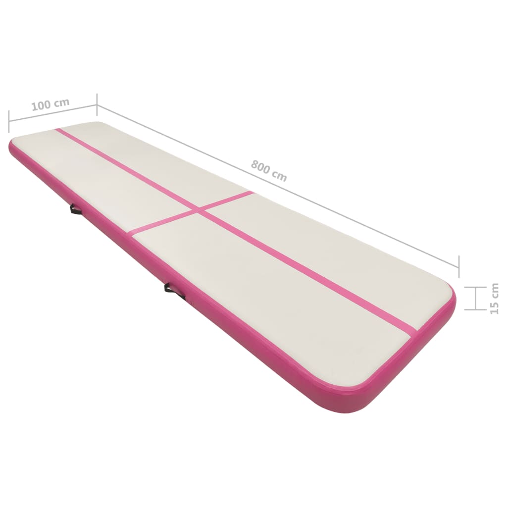 vidaXL piepūšams vingrošanas paklājs ar pumpi, 800x100x15 cm, rozā PVC