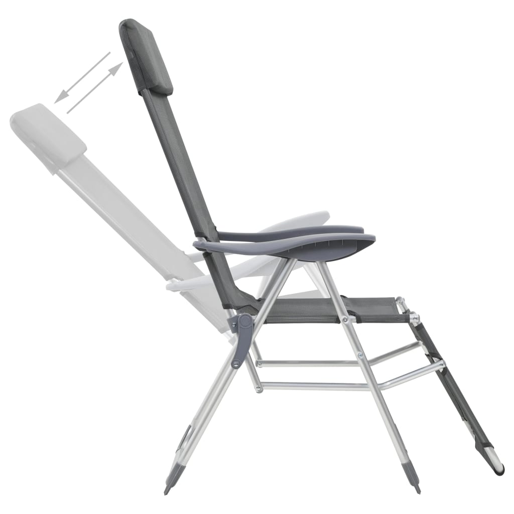 vidaXL salokāmi kempinga krēsli, kāju balsti, 2 gb., pelēks tekstilēns