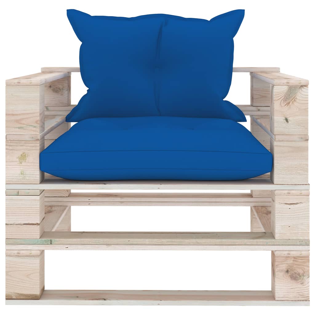 vidaXL dārza palešu dīvāns ar koši ziliem matračiem, priedes koks