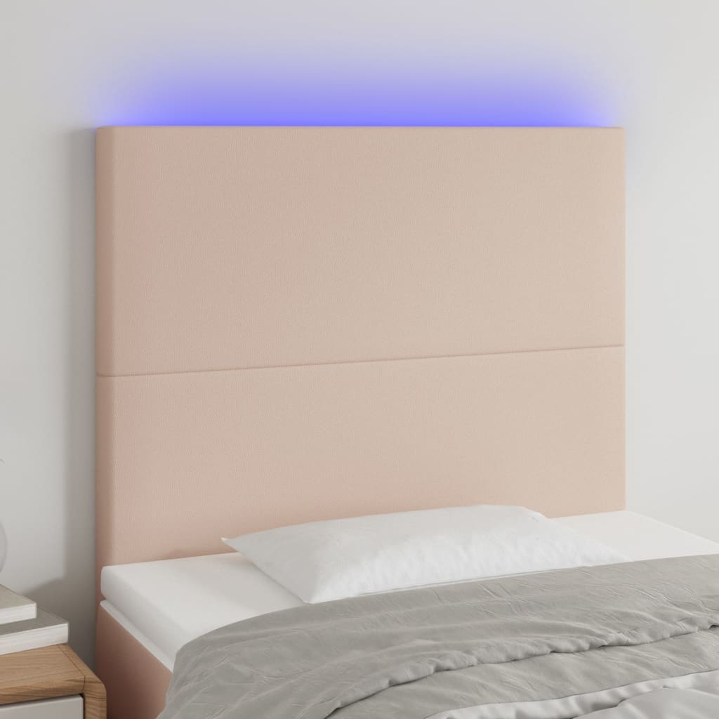 vidaXL gultas galvgalis ar LED, 90x5x118/128cm, kapučīno mākslīgā āda