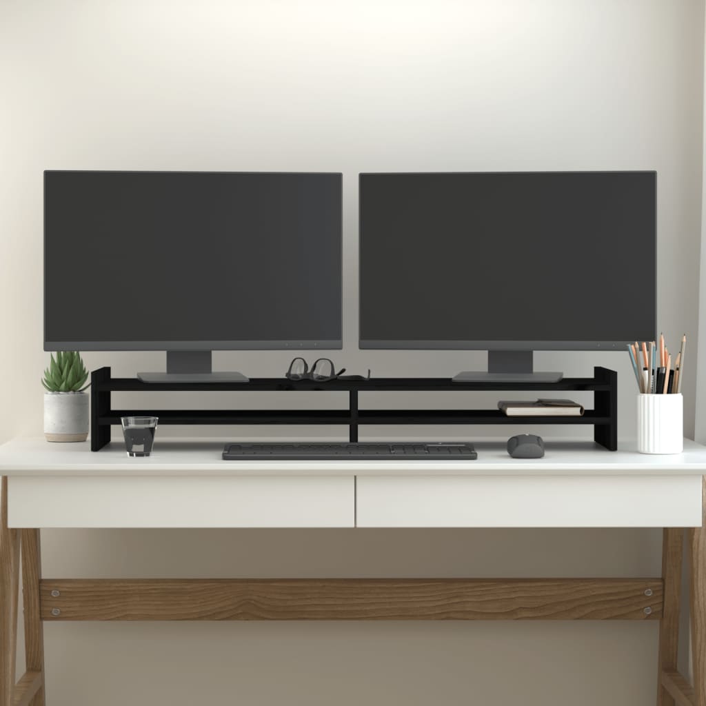 vidaXL monitora paliktnis, melns, 100x27x15 cm, priedes masīvkoks