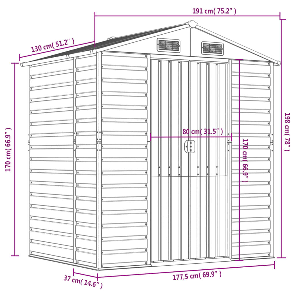 vidaXL dārza šķūnis, antracītpelēks, 191x130x198 cm, cinkots tērauds
