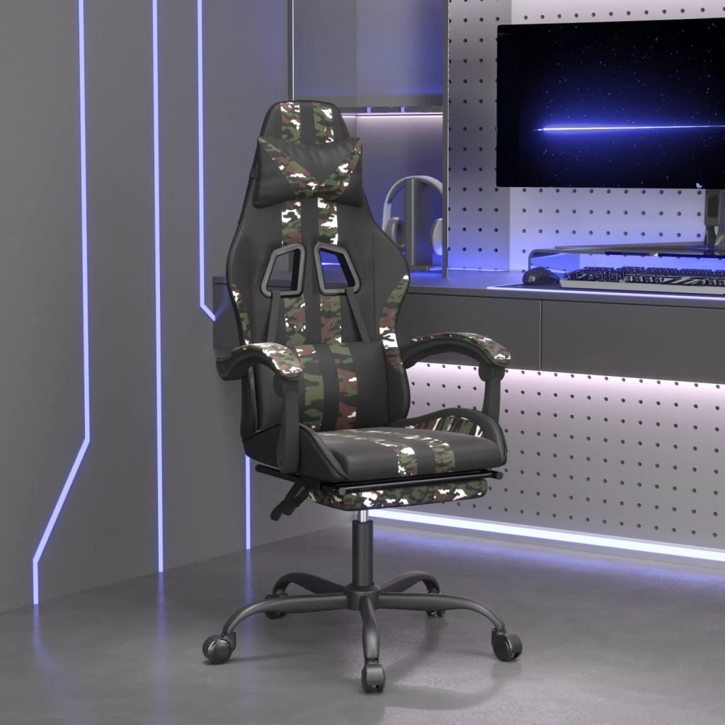 vidaXL datorkrēsls ar kāju balstu, melna un kamuflāžas mākslīgā āda