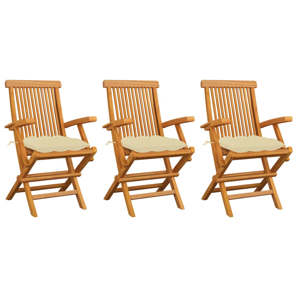 vidaXL dārza krēsli, krēmbalti matrači, 3 gab., masīvs tīkkoks