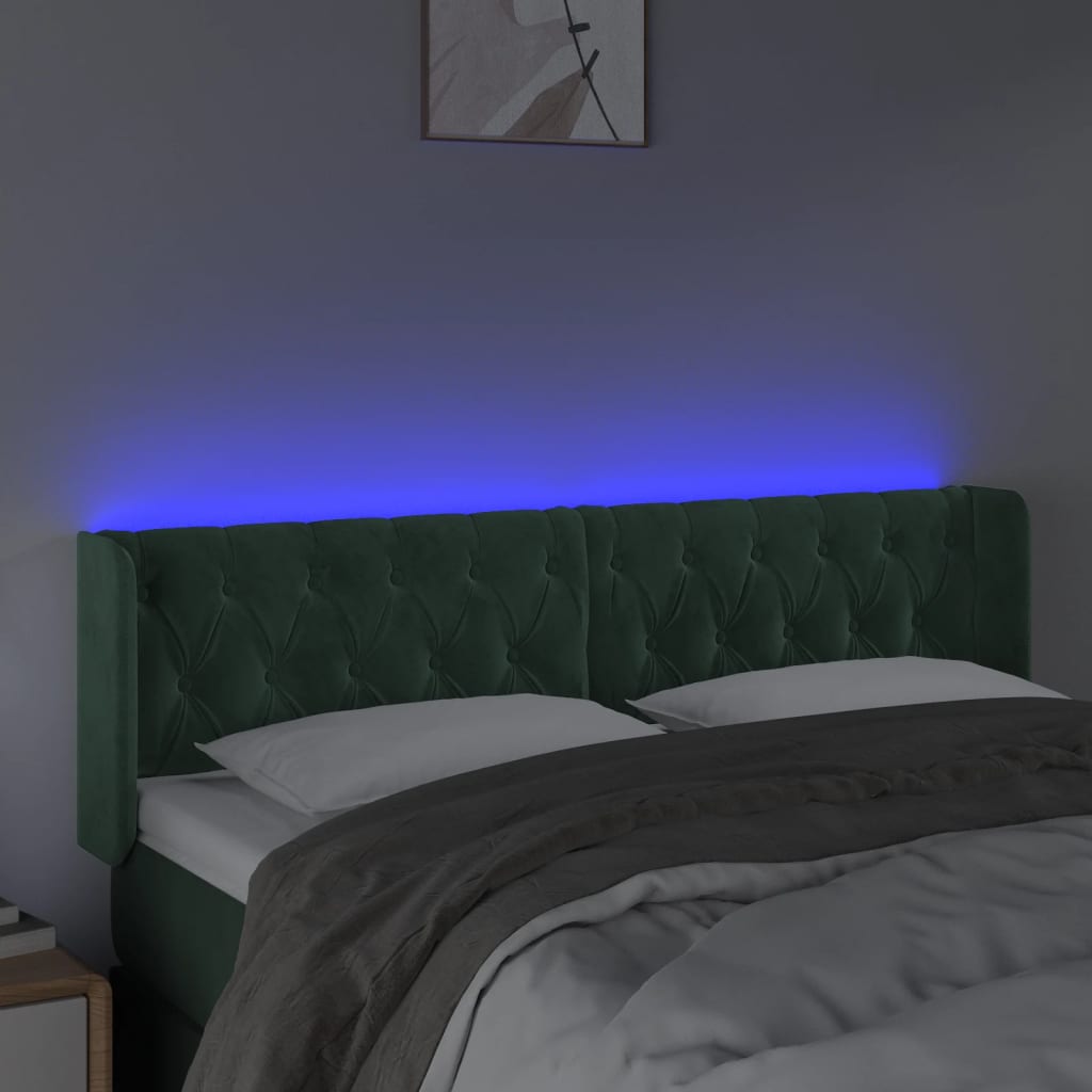 vidaXL gultas galvgalis ar LED, 163x16x78/88 cm, tumši zaļš samts
