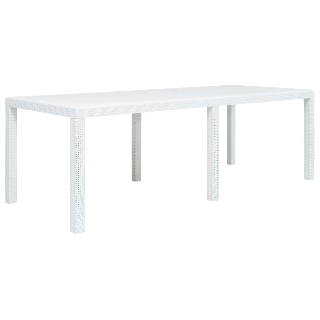 vidaXL dārza galds, balts, 220x90x72cm, plastmasa, rotangpalmas raksts