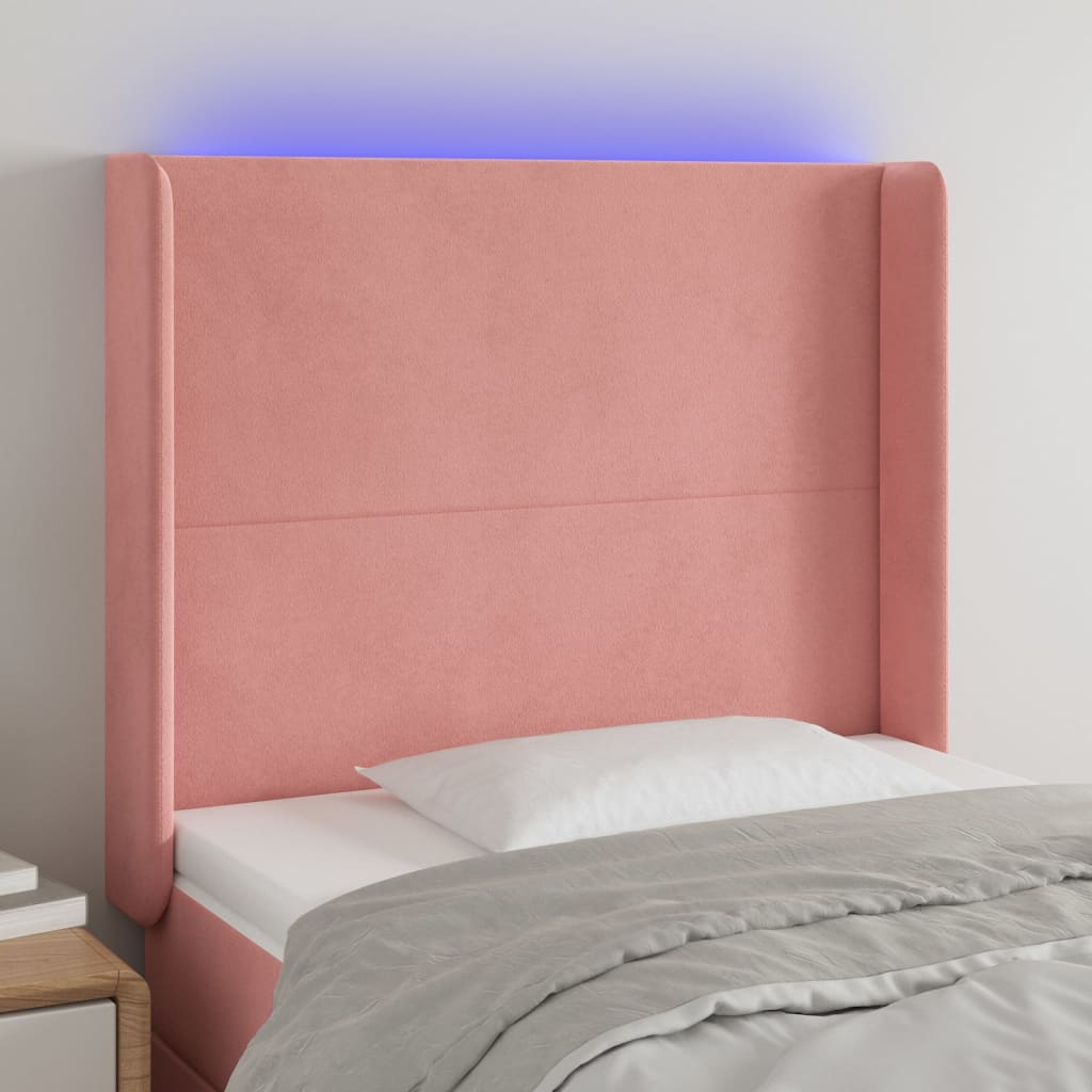 vidaXL gultas galvgalis ar LED, 103x16x118/128 cm, rozā samts