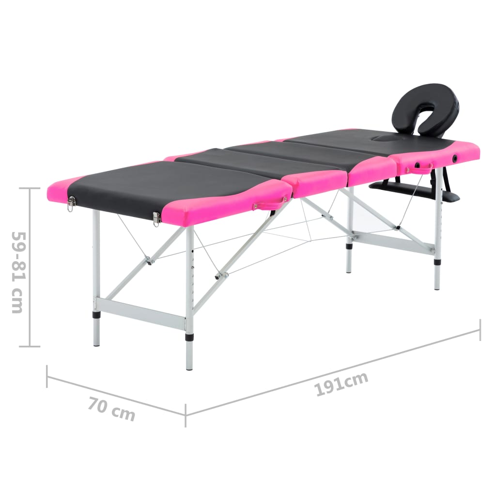 vidaXL saliekams masāžas galds, 4 daļas, alumīnijs, melns ar rozā