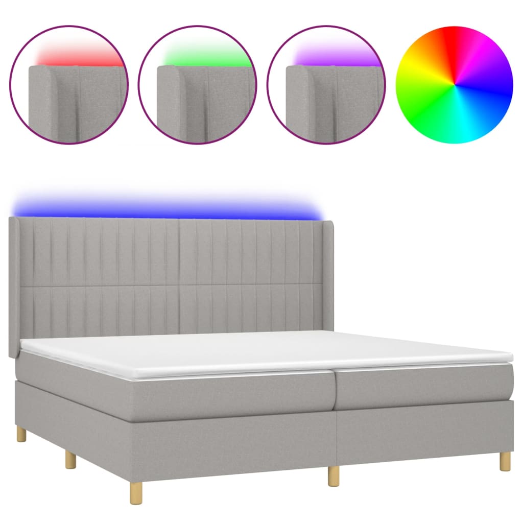 vidaXL atsperu gulta ar matraci, LED, gaiši pelēka audums, 200x200 cm