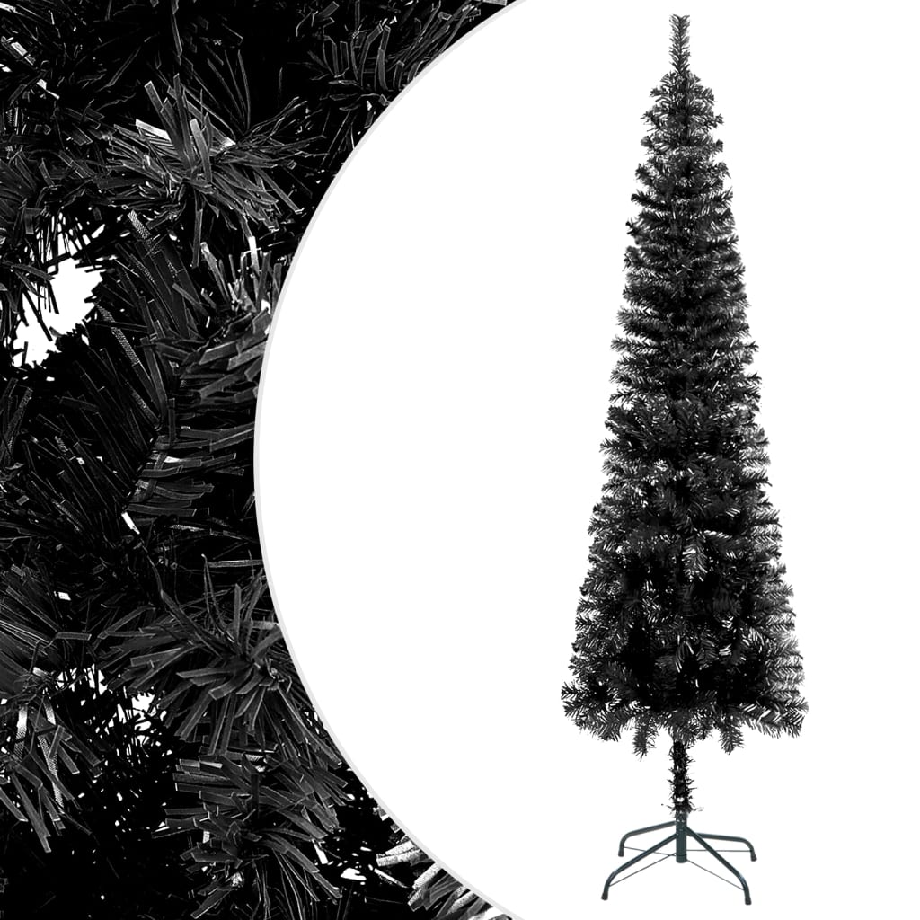 vidaXL šaura Ziemassvētku egle ar LED un bumbiņām, 180 cm, melna