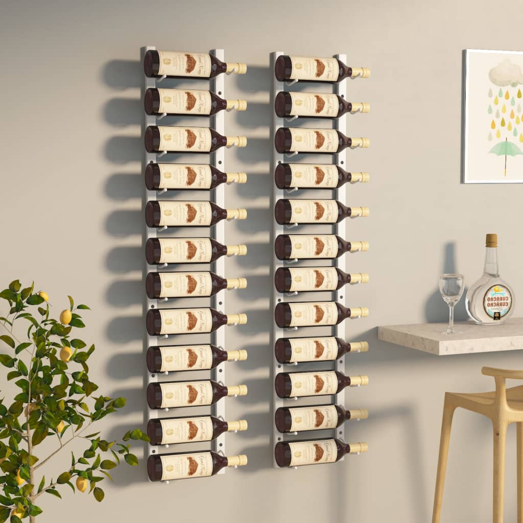vidaXL sienas vīna pudeļu plaukti 12 pudelēm, 2 gab., balti, dzelzs