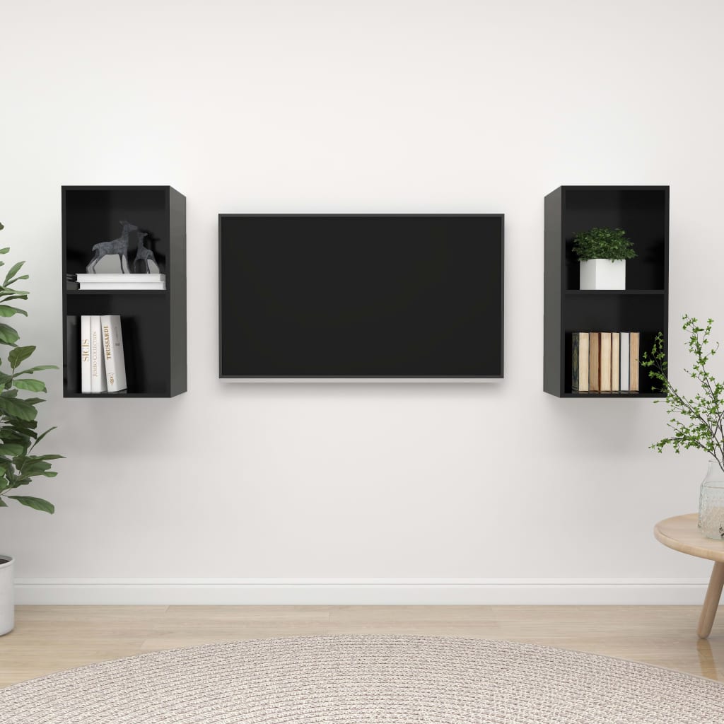 vidaXL sienas TV plaukti, 2 gab., spīdīgi melni, skaidu plāksne