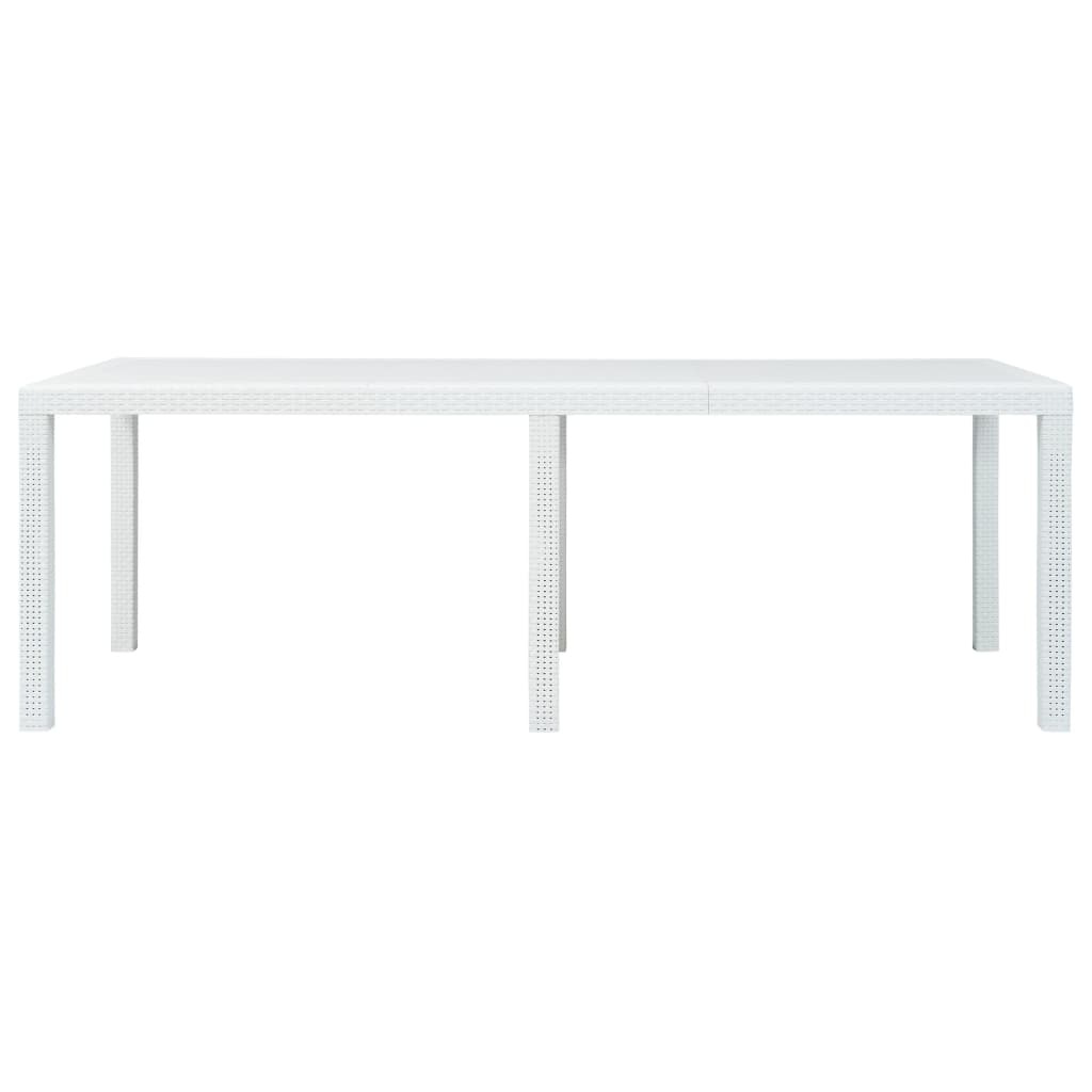 vidaXL dārza galds, balts, 220x90x72cm, plastmasa, rotangpalmas raksts