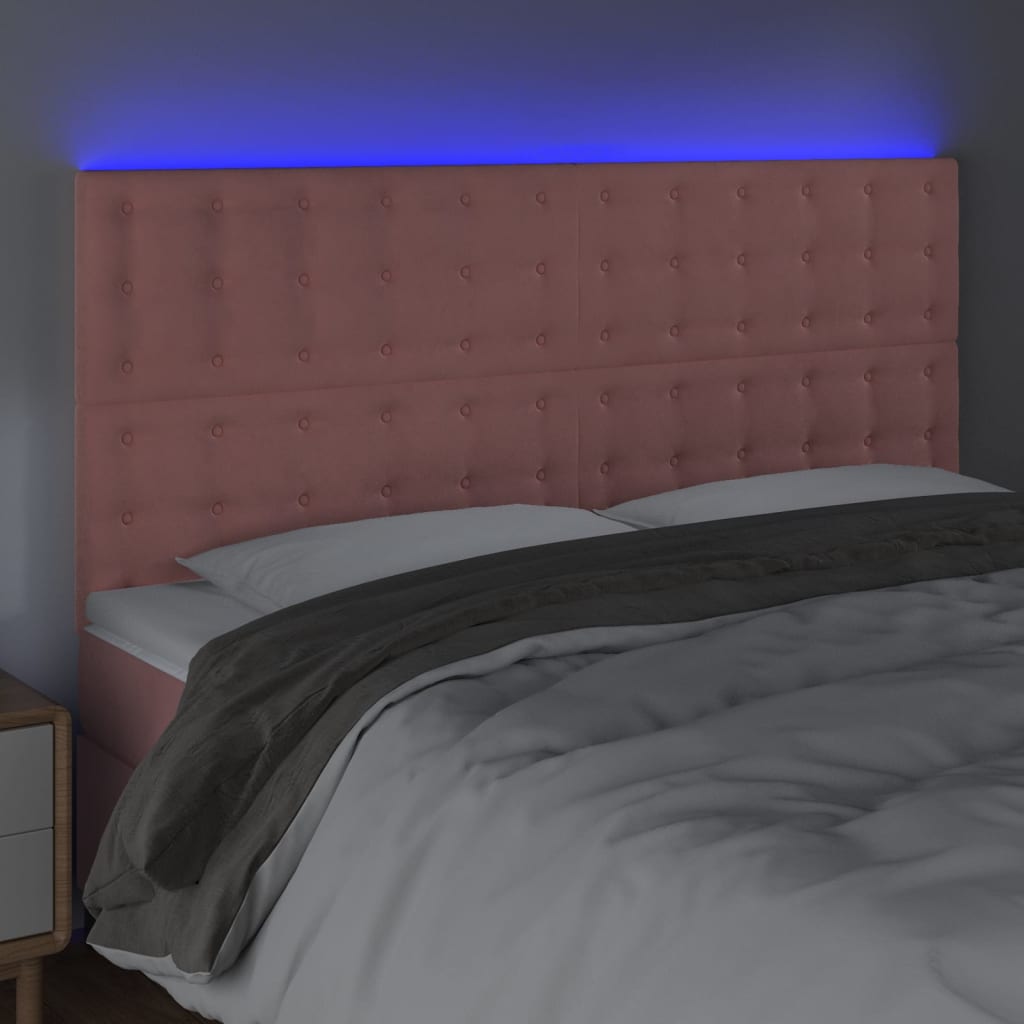 vidaXL gultas galvgalis ar LED, 200x5x118/128 cm, rozā samts