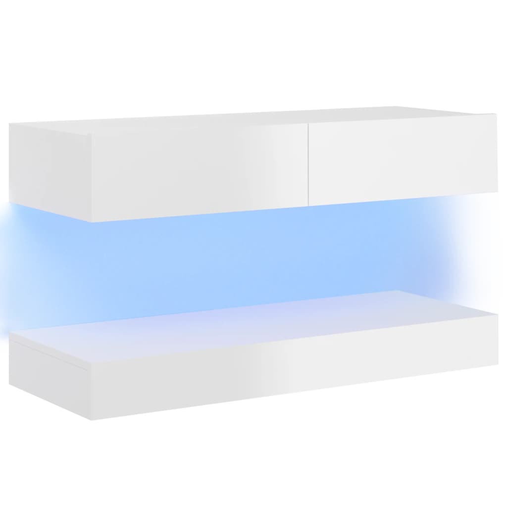 vidaXL TV plaukts ar LED lampiņām, 90x35 cm, spīdīgi balts