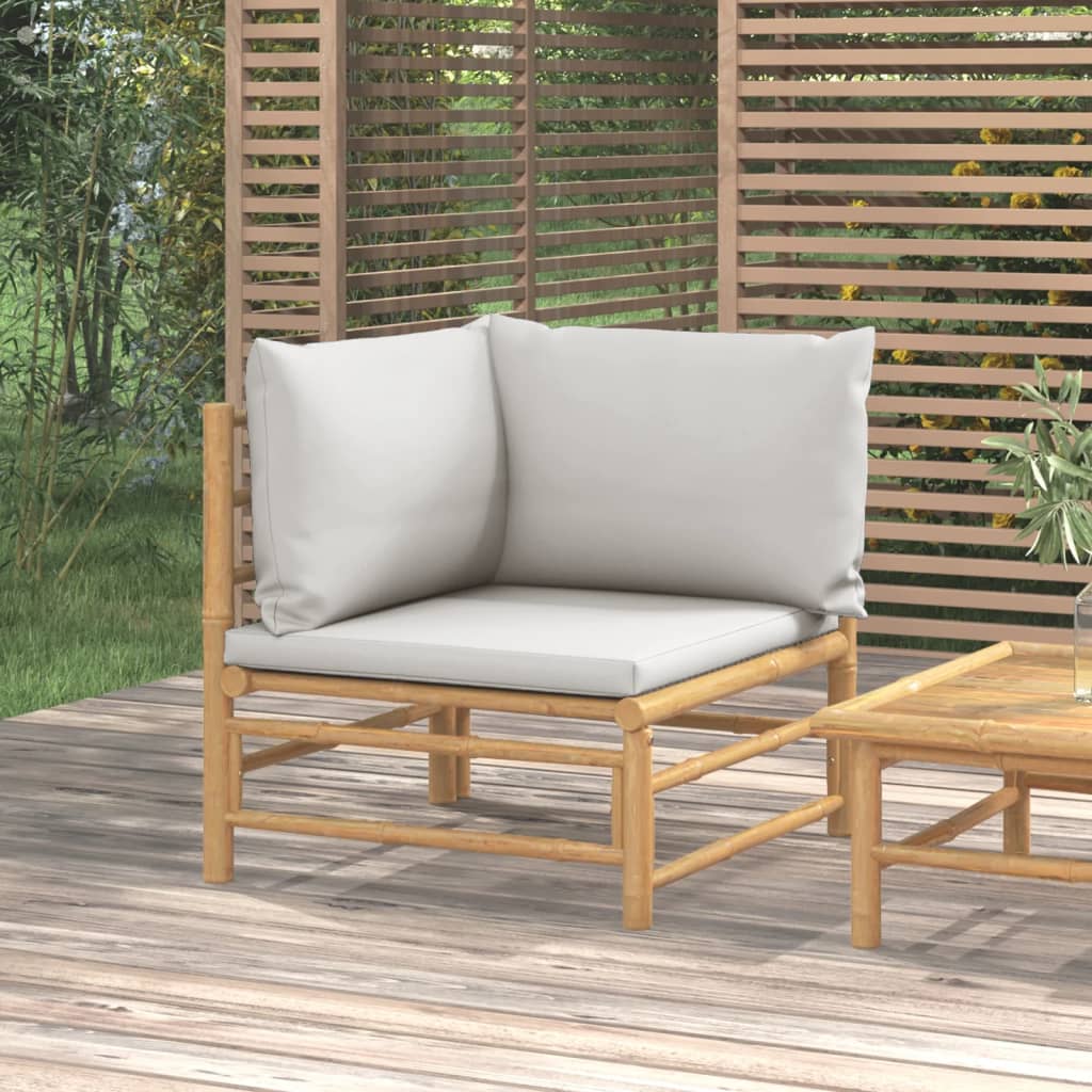 vidaXL dārza stūra dīvāns ar gaiši pelēkiem matračiem, bambuss