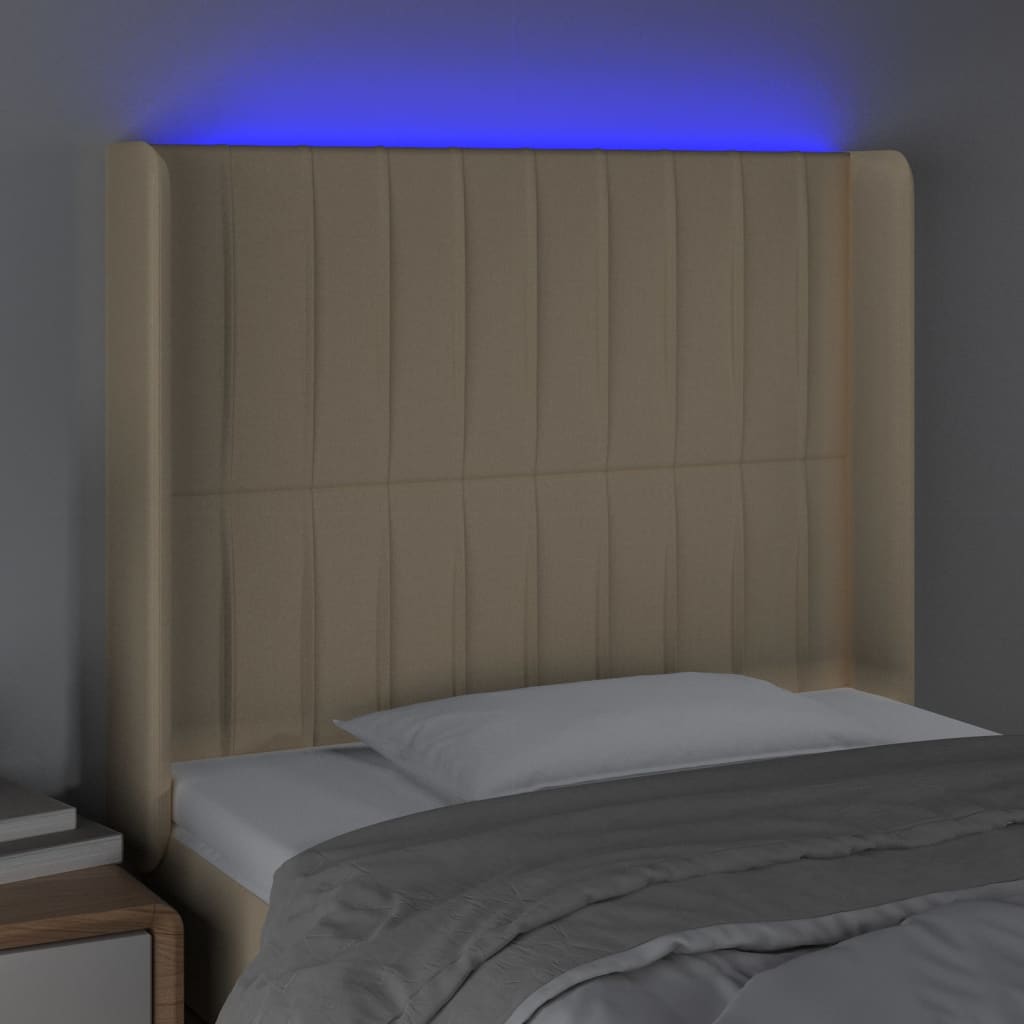 vidaXL gultas galvgalis ar LED, 103x16x118/128 cm, krēmkrāsas audums