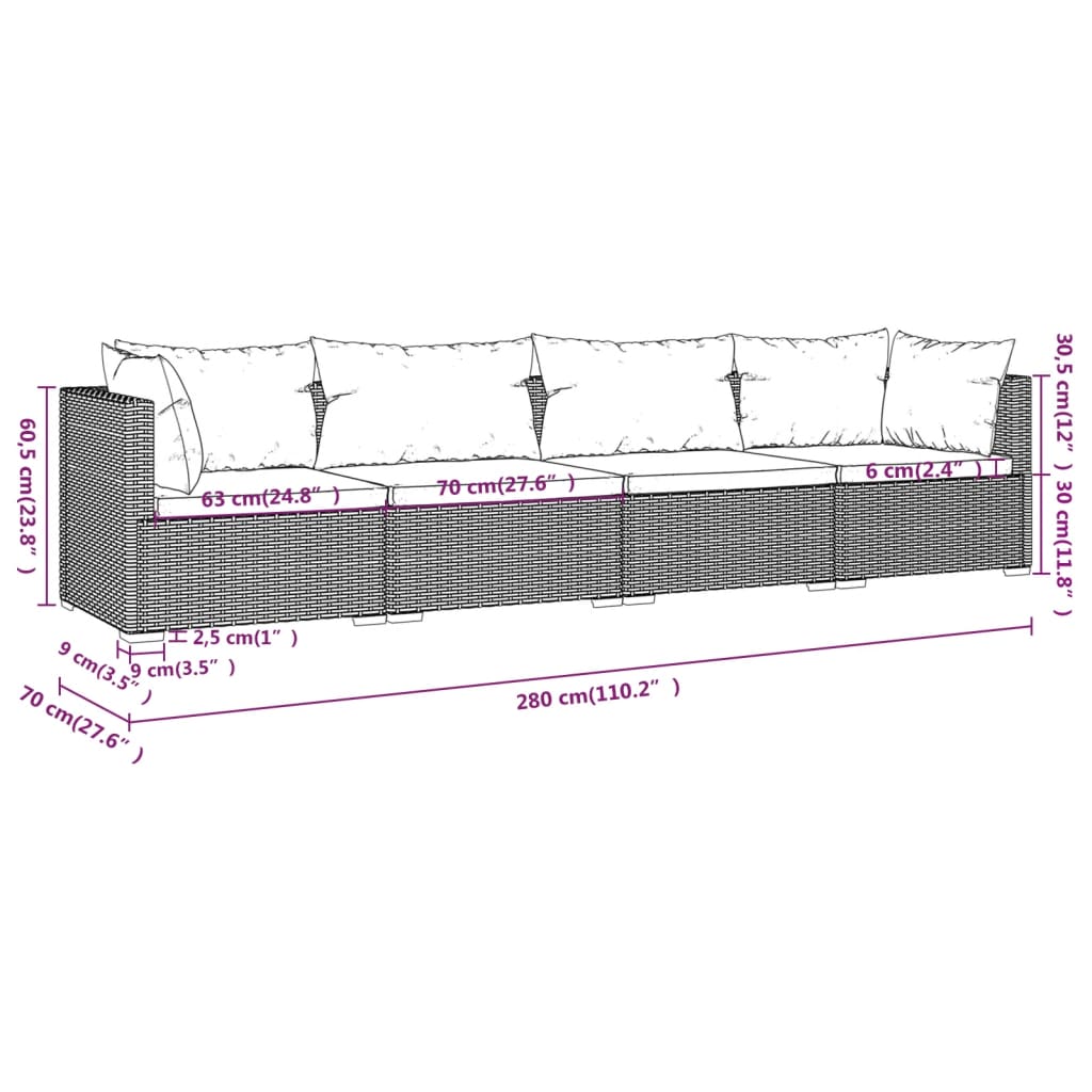 vidaXL 4-daļīgs dārza atpūtas mēbeļu komplekts ar matračiem, PE, brūns