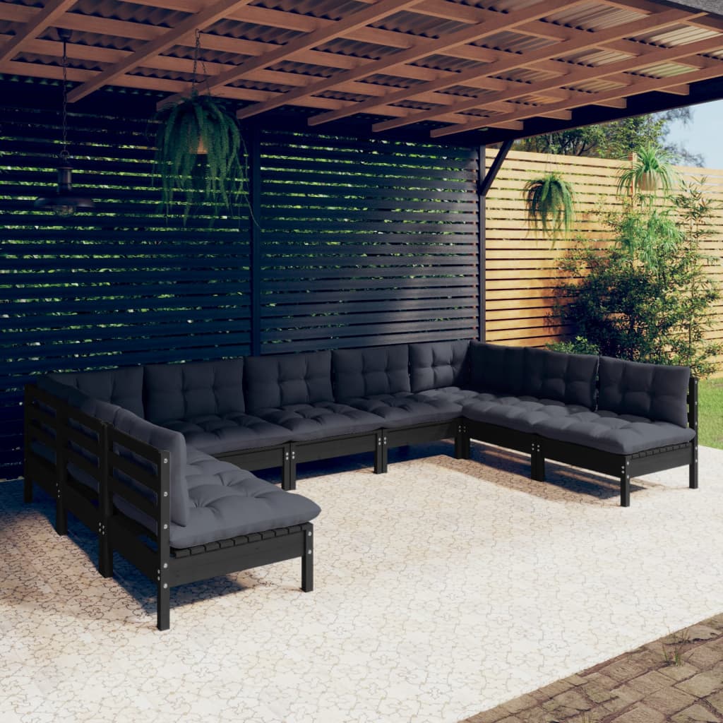 vidaXL 9-daļīgs dārza mēbeļu komplekts ar matračiem, melna priede