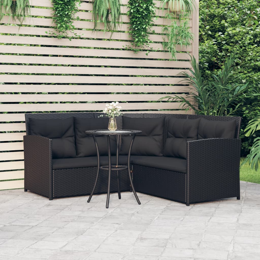 vidaXL 2-daļīgs stūra dārza dīvānu komplekts ar matračiem, PE, melns