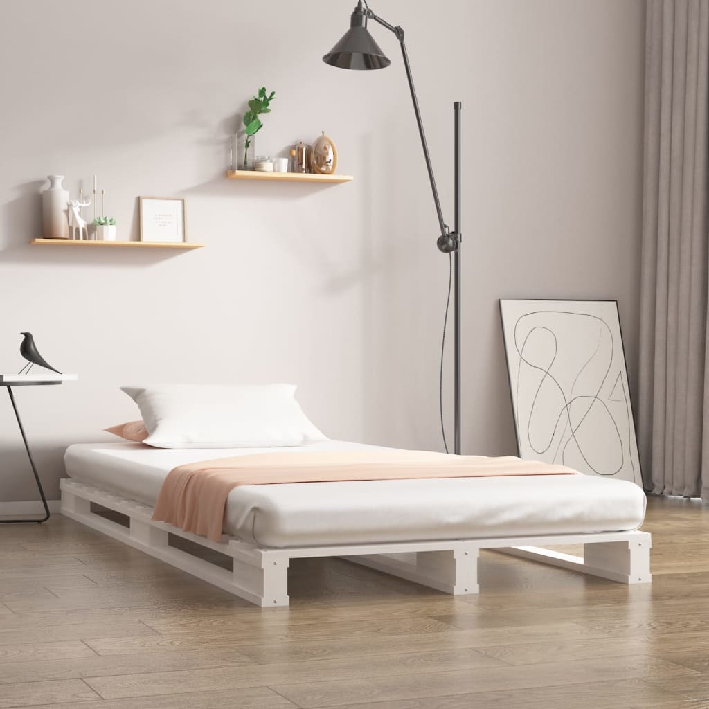vidaXL palešu gulta, balta, 75x190 cm, priedes masīvkoks, vienvietīga