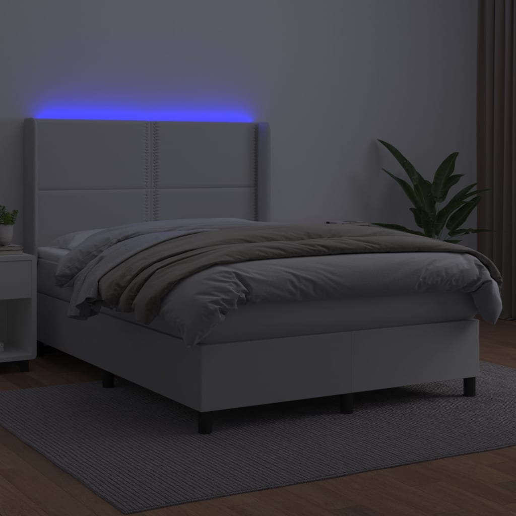 vidaXL atsperu gulta ar matraci, LED, balta, 140x190 cm, mākslīgā āda