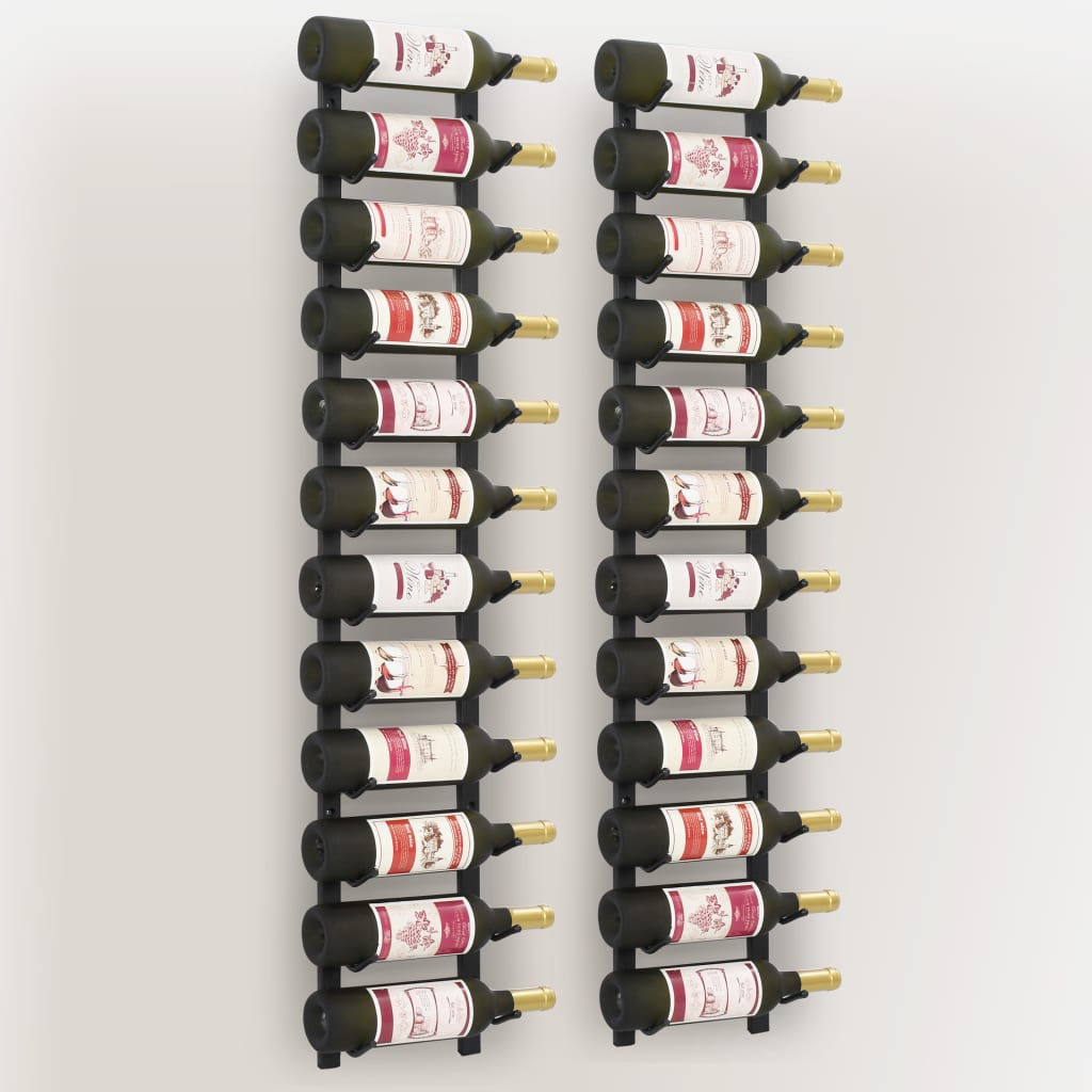 vidaXL sienas vīna pudeļu plaukti 12 pudelēm, 2 gab., melna dzelzs