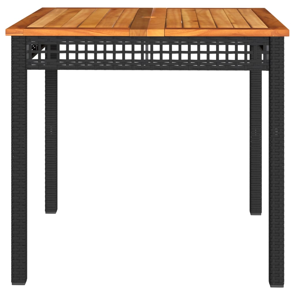 vidaXL dārza galds, 80x80x75 cm, melna PE rotangpalma, akācijas koks