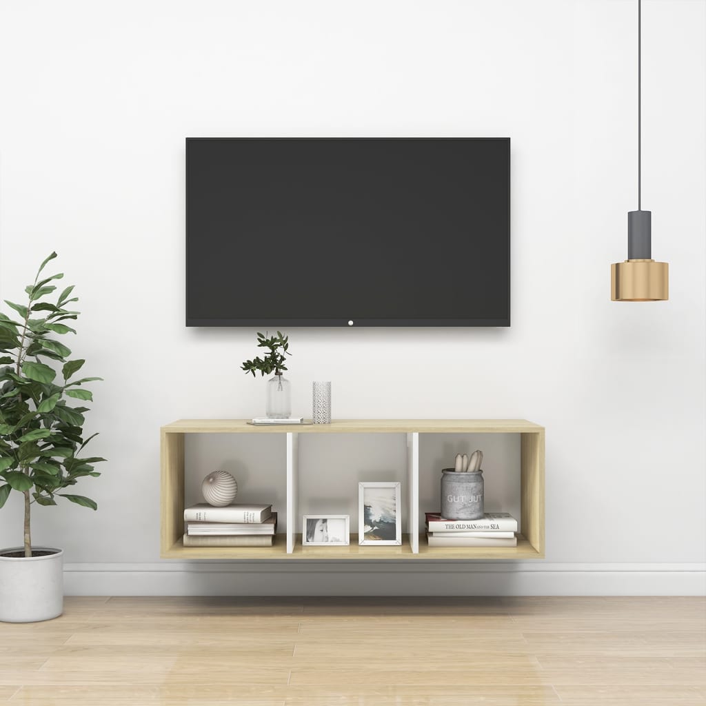 vidaXL sienas TV skapītis, balts, ozola, 37x37x107 cm, skaidu plāksne