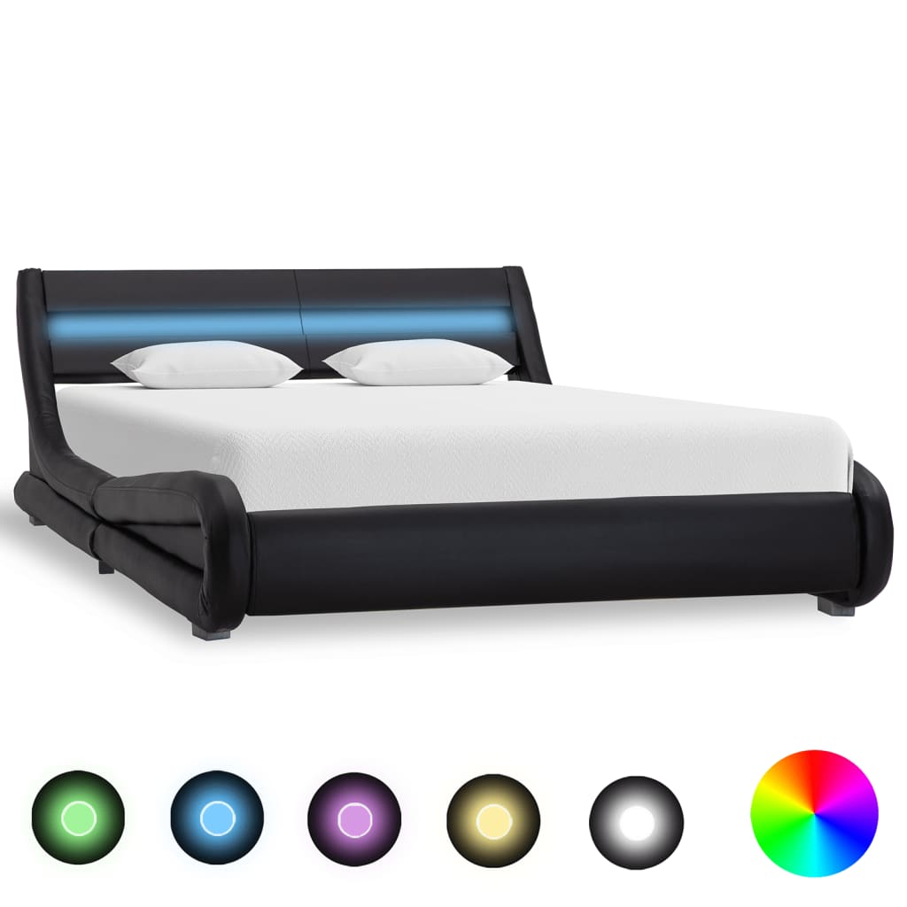 vidaXL gultas rāmis ar LED, melna mākslīgā āda, 140x200 cm