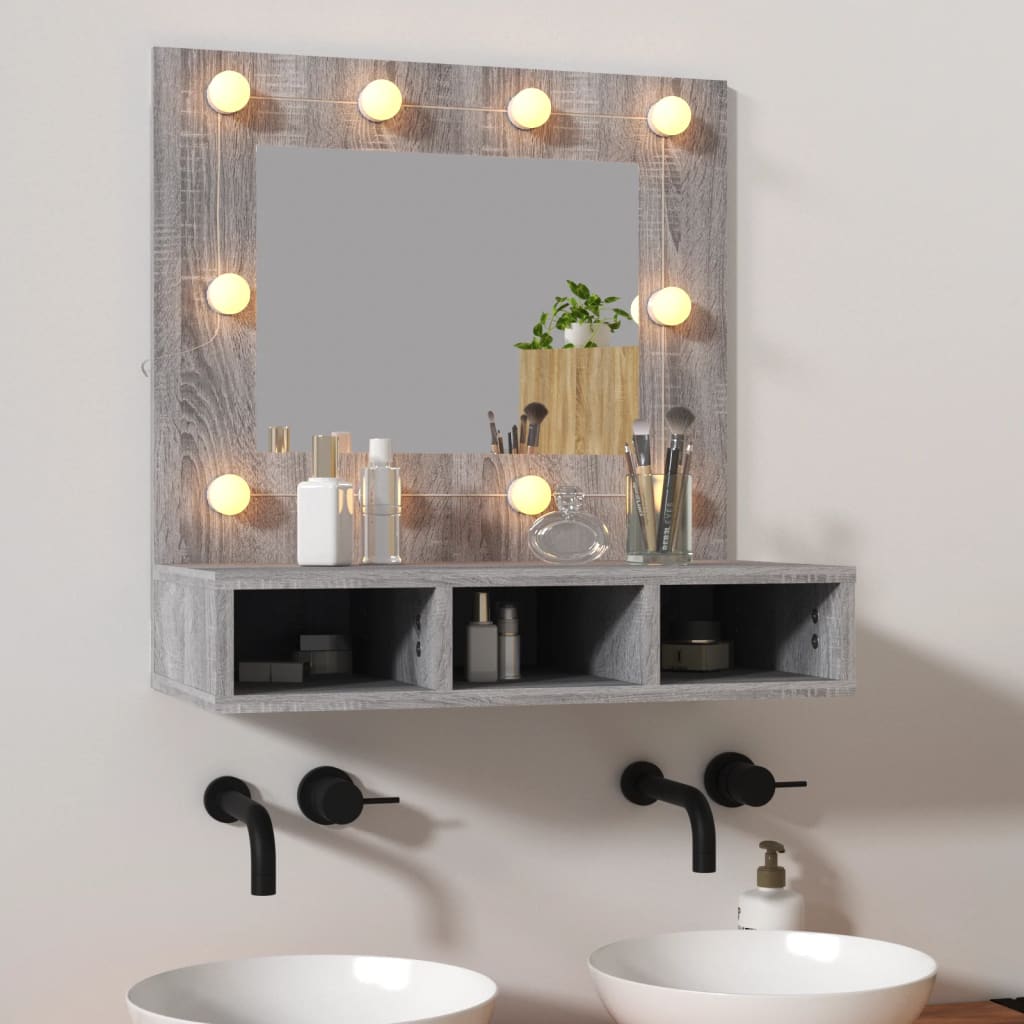 vidaXL spoguļskapītis ar LED, pelēka ozolkoka krāsa, 60x31,5x62 cm