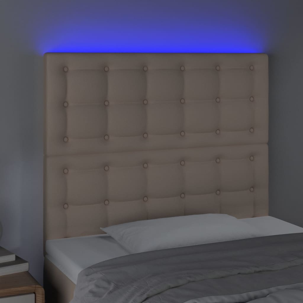 vidaXL gultas galvgalis ar LED, 90x5x118/128cm, kapučīno mākslīgā āda