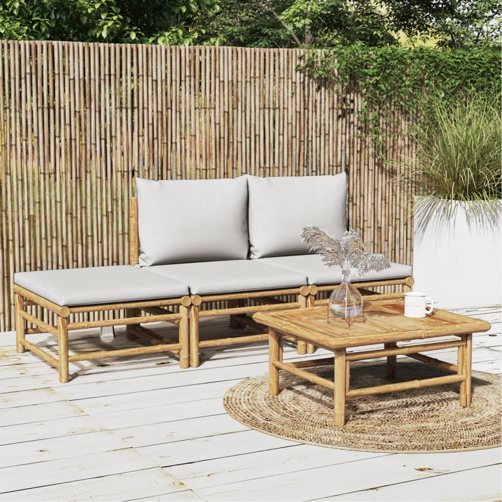 vidaXL 4-daļīgs dārza dīvānu komplekts ar pelēkiem matračiem, bambuss