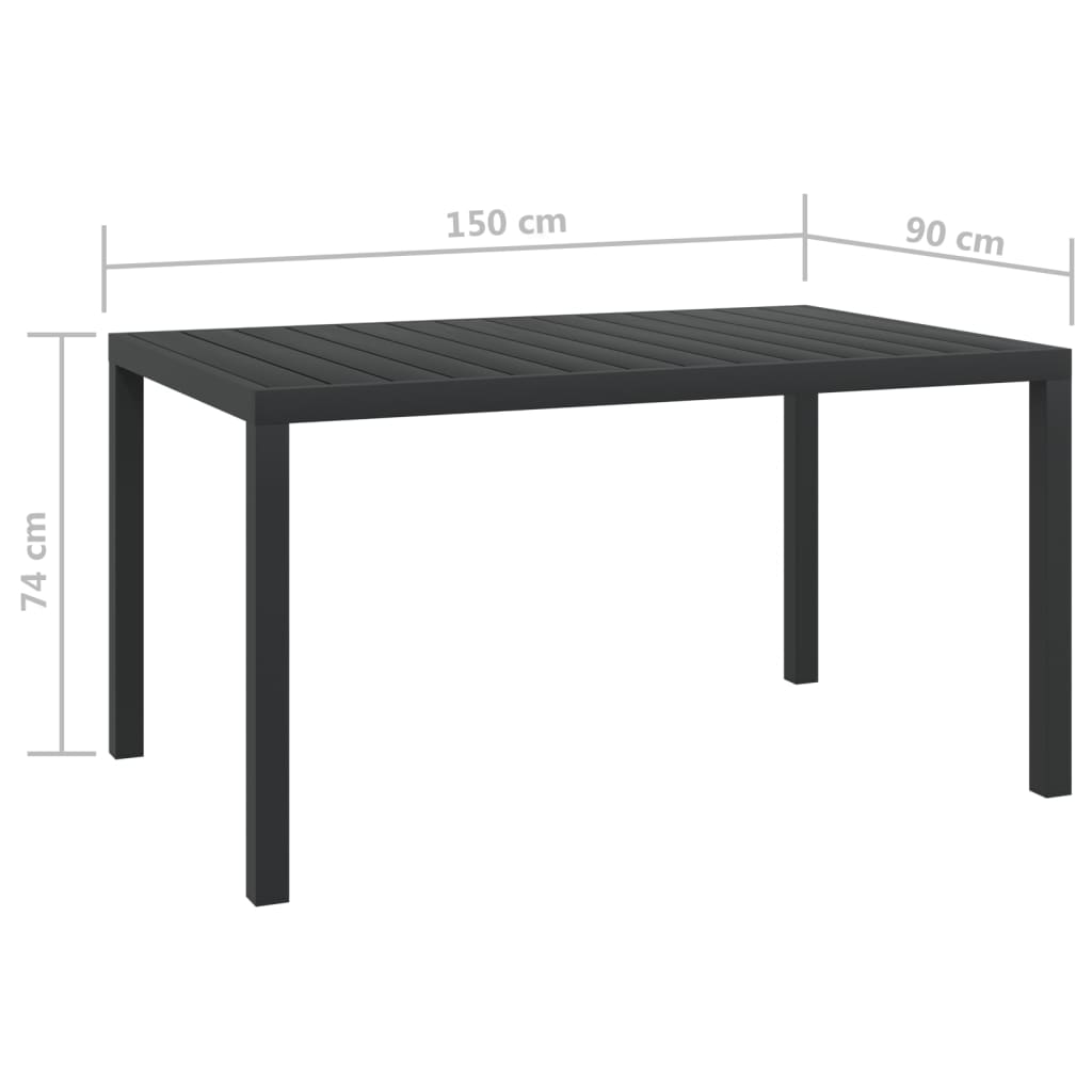vidaXL dārza galds, melns, 150x90x74 cm, alumīnijs un WPC