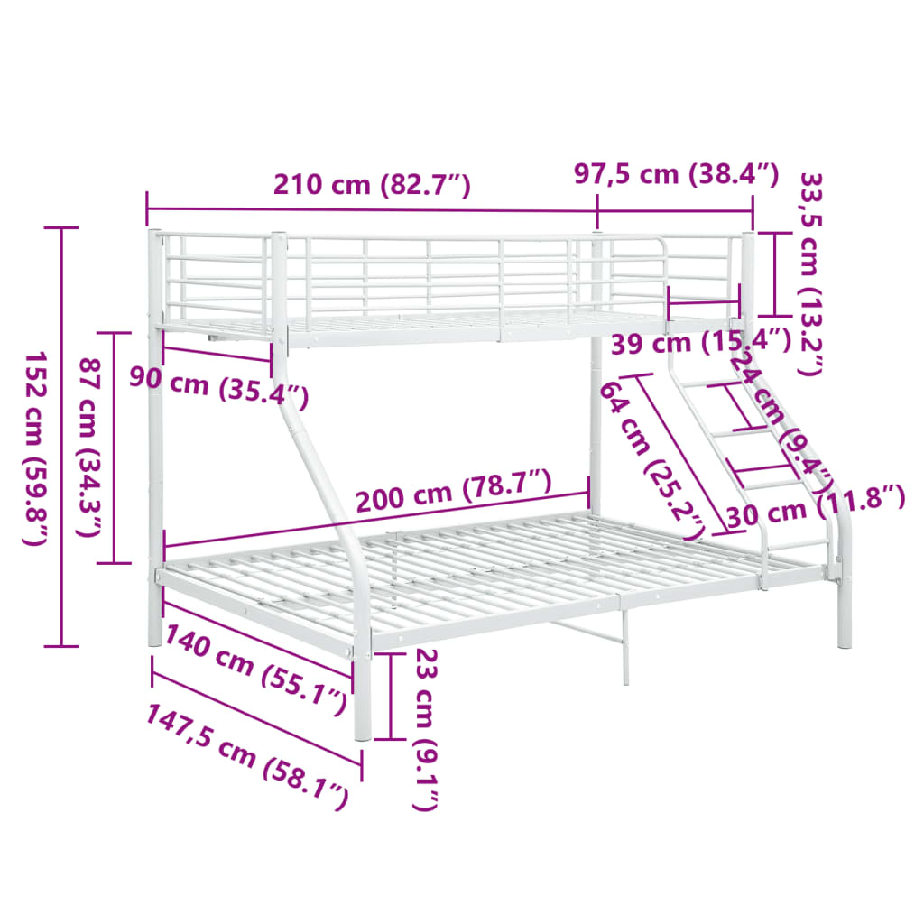 vidaXL divstāvu gultas rāmis, balts metāls, 140x200/90x200 cm