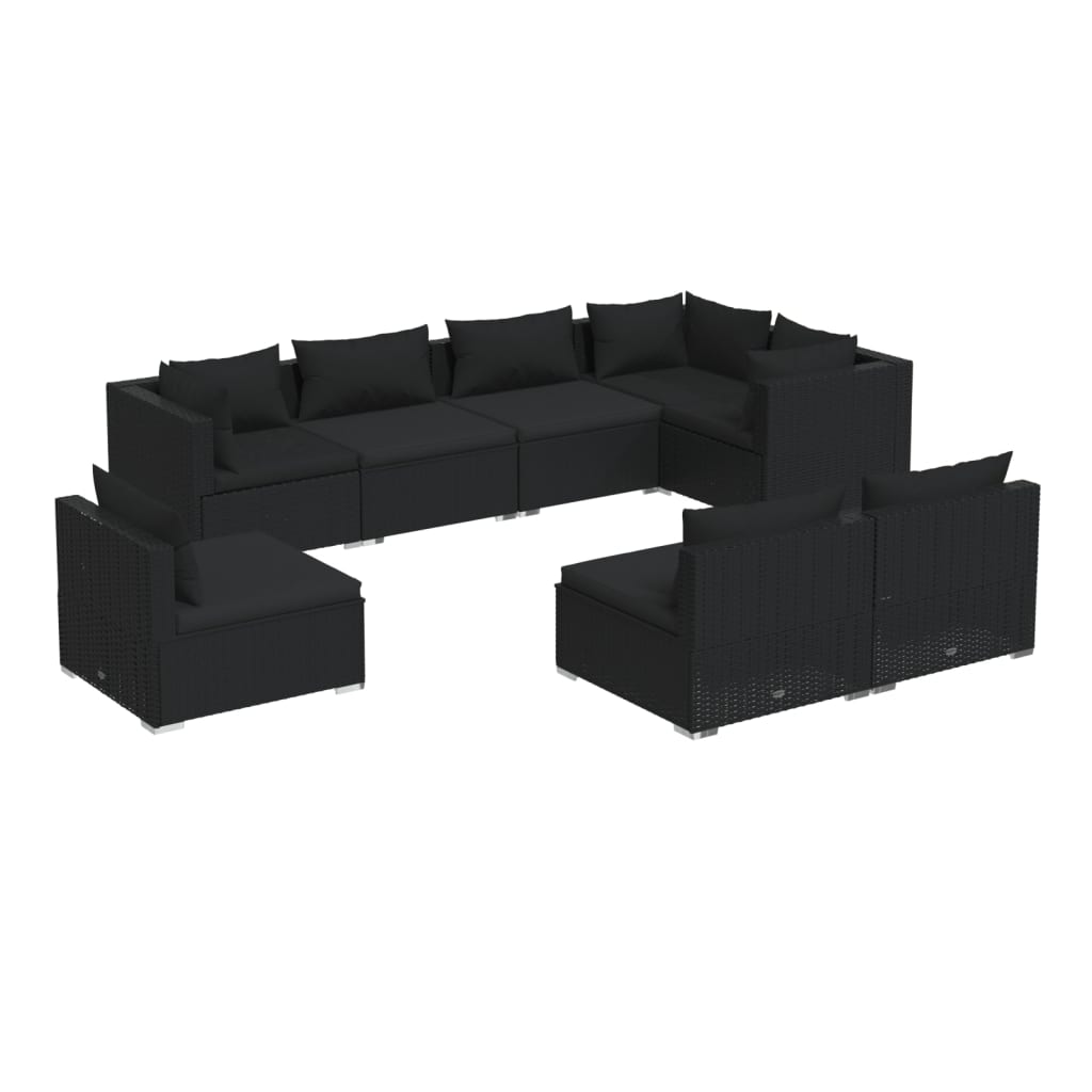 vidaXL 8-daļīgs dārza mēbeļu komplekts, matrači, PE rotangpalma, melns